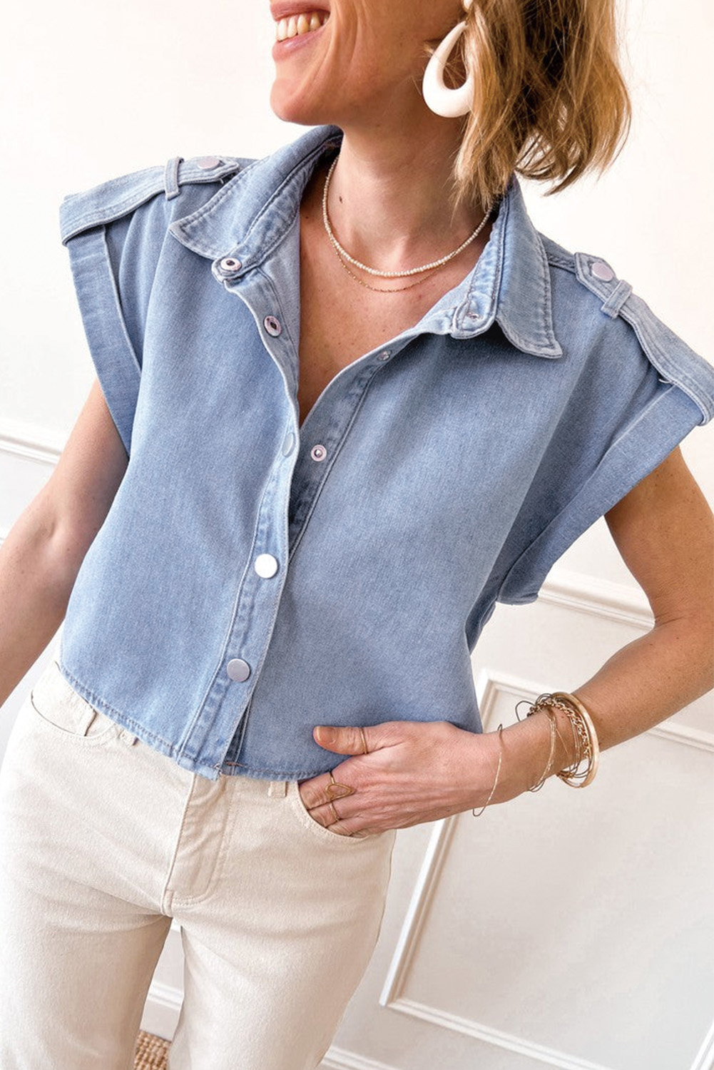Dusk Blue Denim Pinup Folded Cap Sleeve Shirt - loveforevers