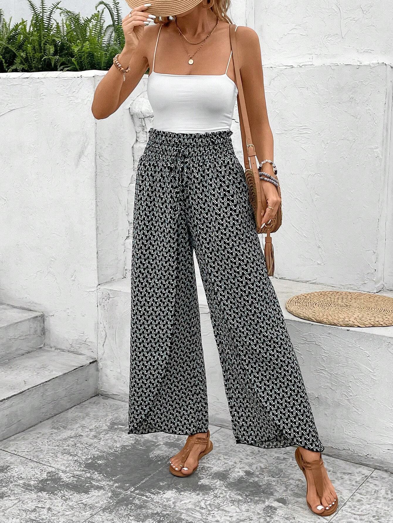 Black Bohemian Print Slit Wide Leg Smocked High Waist Pants - loveforevers