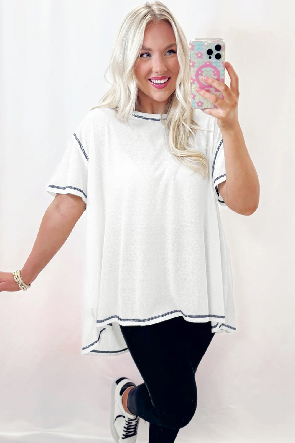 White Contrast Exposed Stitching Relaxed Fit T Shirt - loveforevers