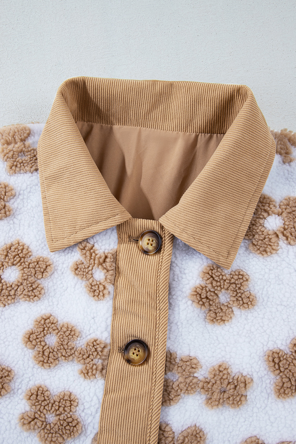 Light French Beige Cute Flower Pattern Button Up Fleece Jacket - loveforevers