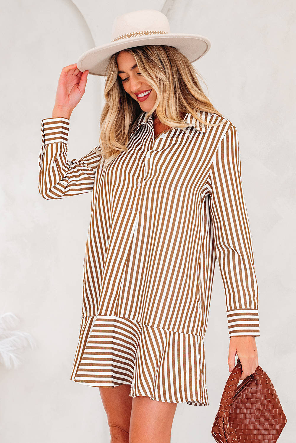 Brown Stripe Ruffled Hem Collared Long Sleeve Shirt Mini Dress - loveforevers