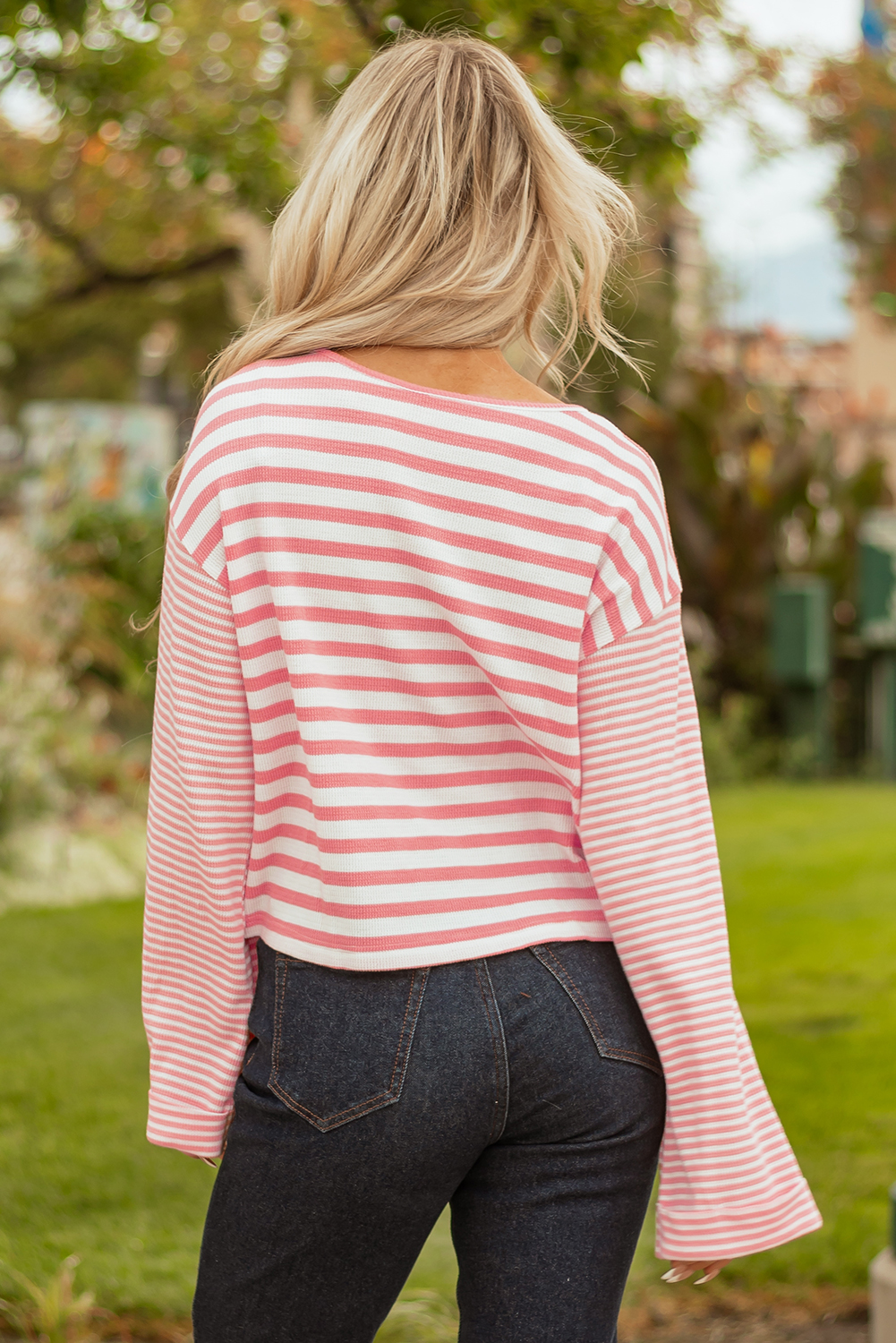 Pink Stripe Textured Contrast Dropped Long Sleeve Top - loveforevers