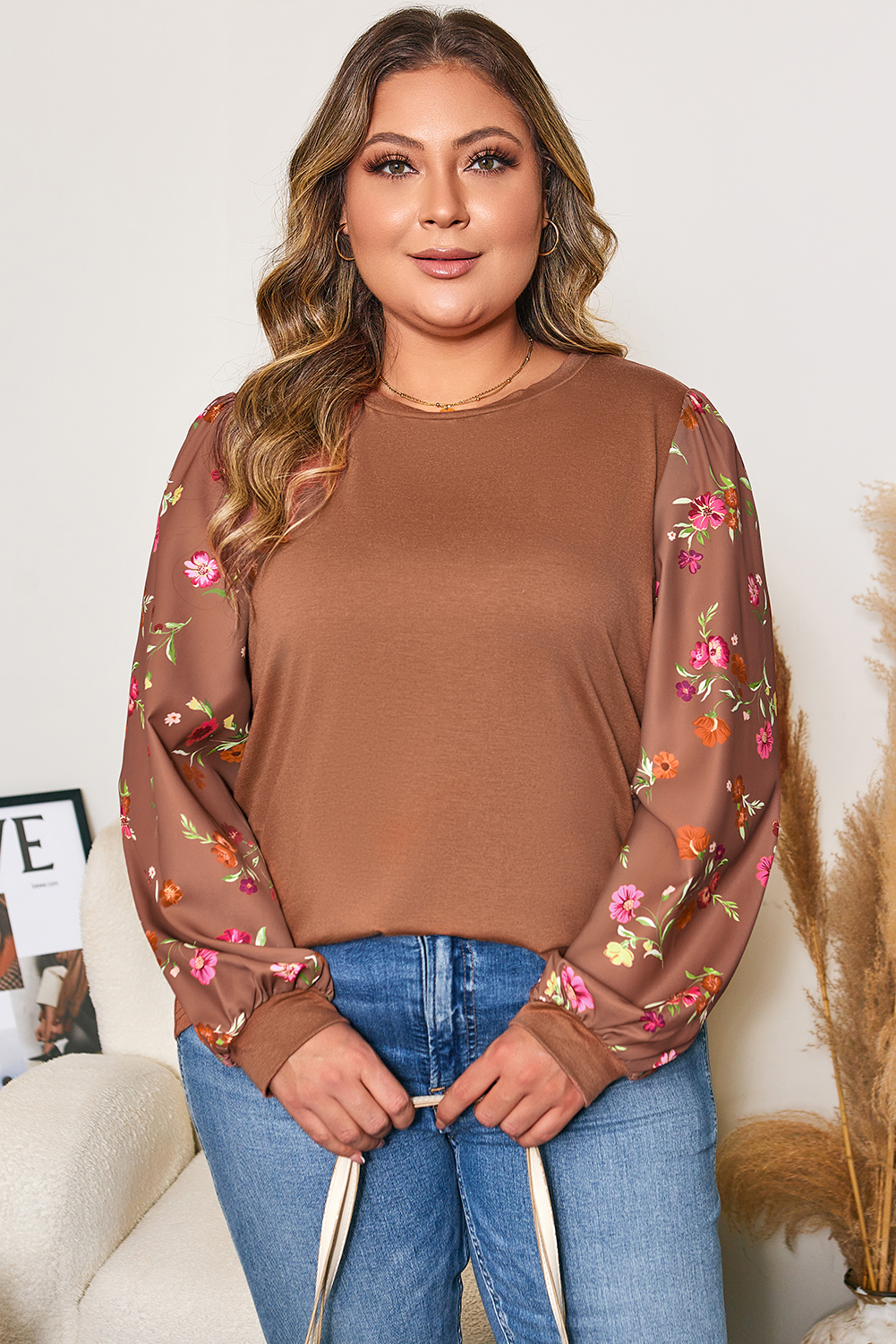 Brown Floral Sleeve Patchwork Round Neck Plus Blouse - loveforevers