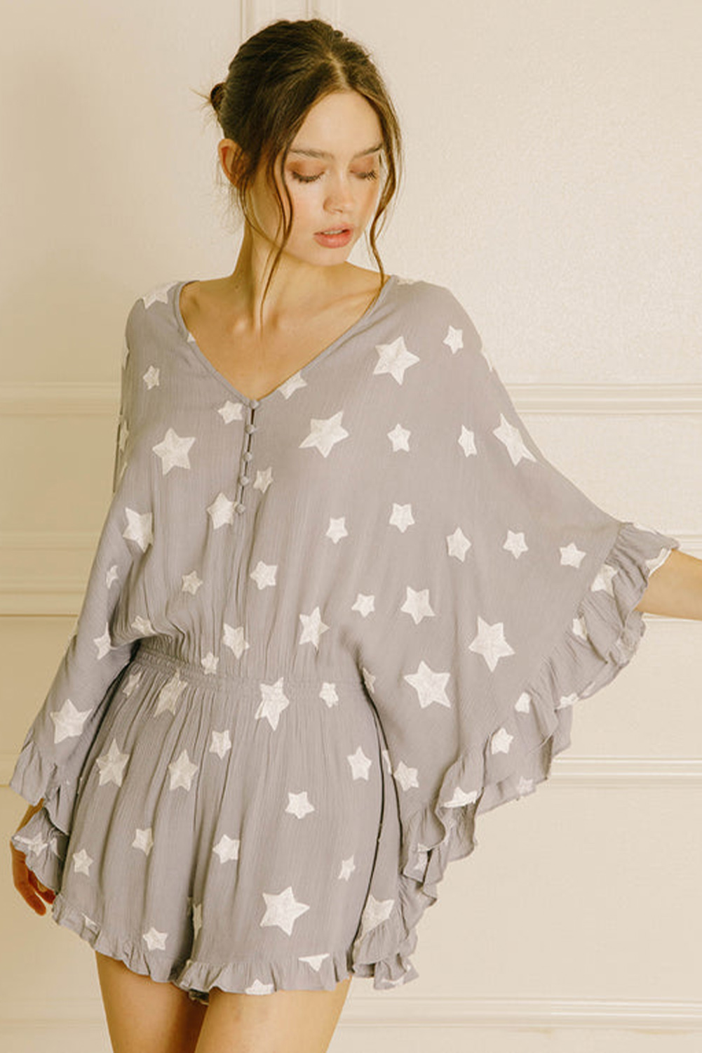 Gray Star Print Crinkle Textured Kimono Ruffle Sleeve Romper - loveforevers