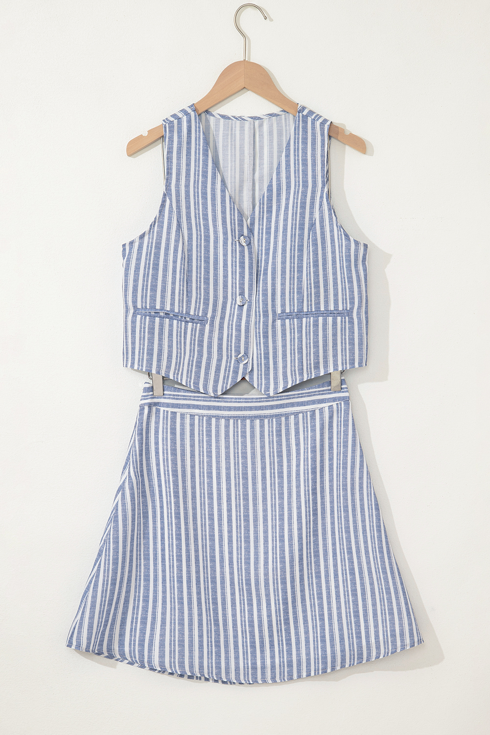 Sky Blue Stripe Buttoned Office Waistcoat Mini Skirt Set - loveforevers