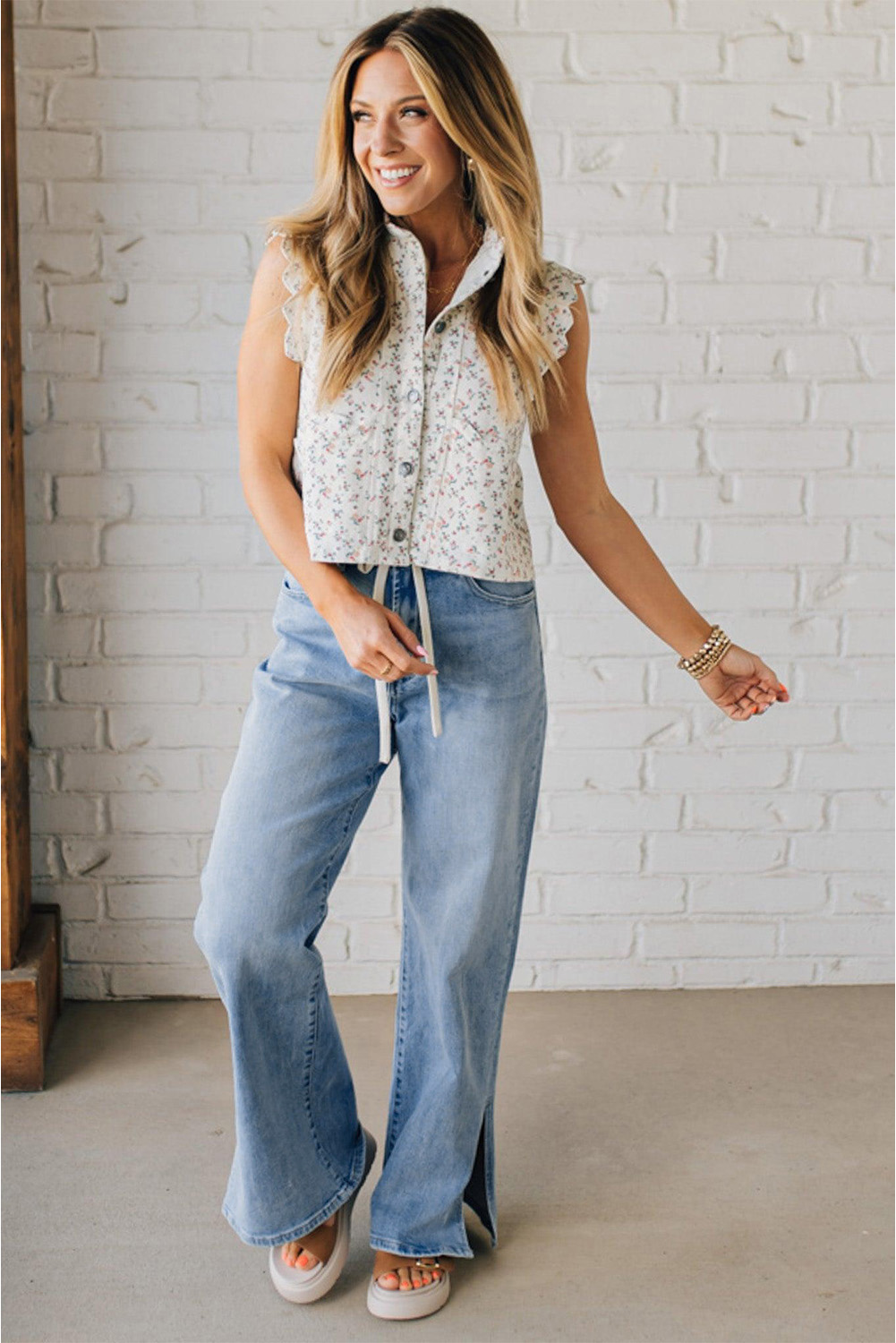Myosotis Slit Leg High Rise Drawstring Casual Jeans - loveforevers