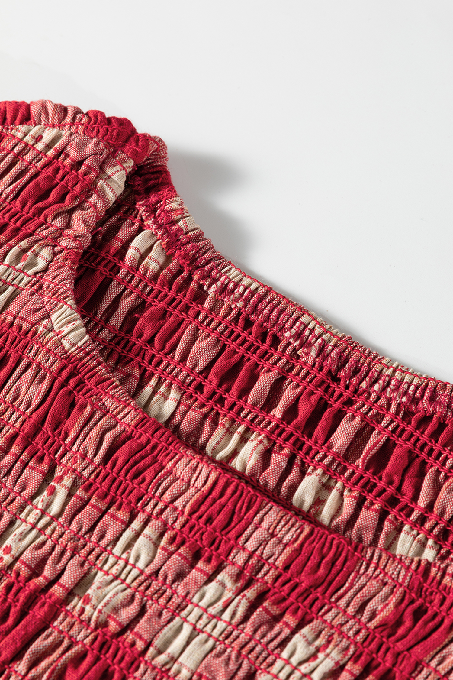 Red Plaid Print Smocked Puff Sleeve Mini Dress - loveforevers