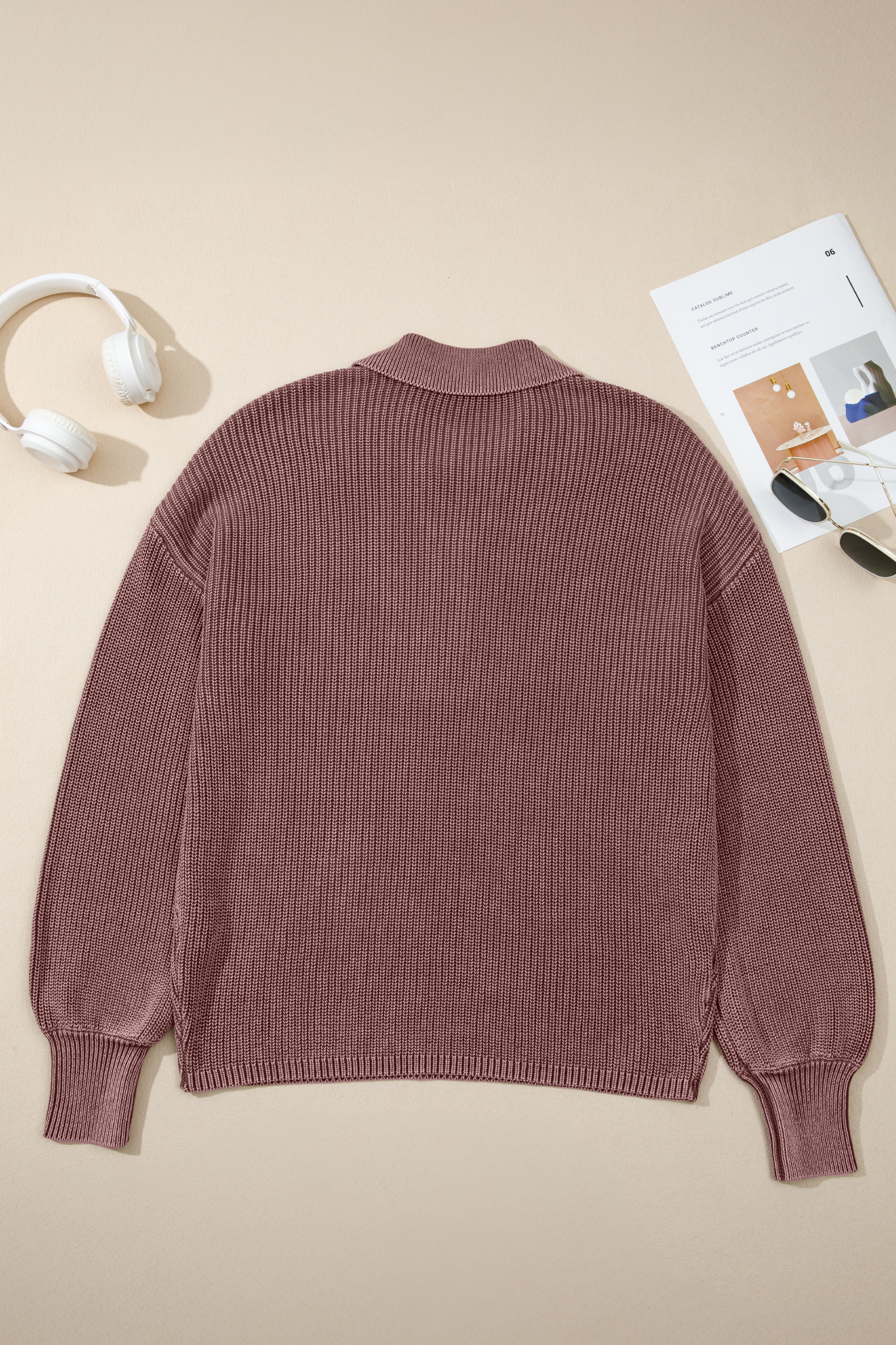 Dark Brown Mineral Washed Knit Button Polo Collar Loose Sweater - loveforevers