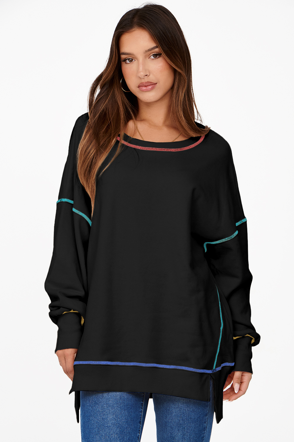 Contrast Stitching Split Baggy Sweatshirt - loveforevers