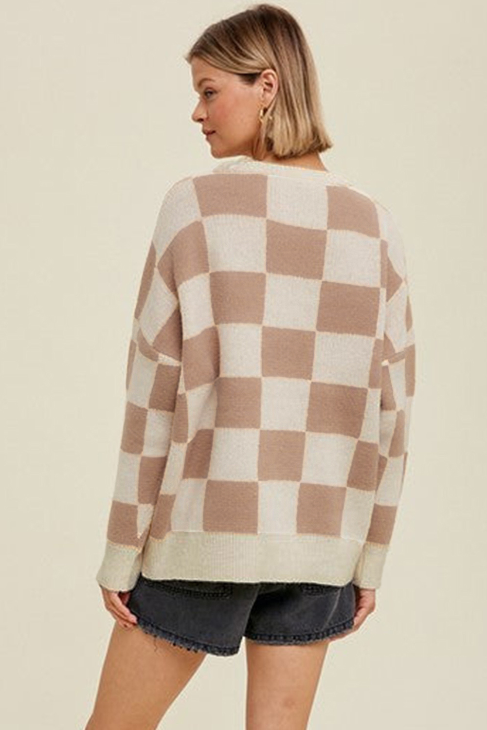 Parchment Checkered Pattern Ribbed Trim Knit Baggy Sweater - loveforevers