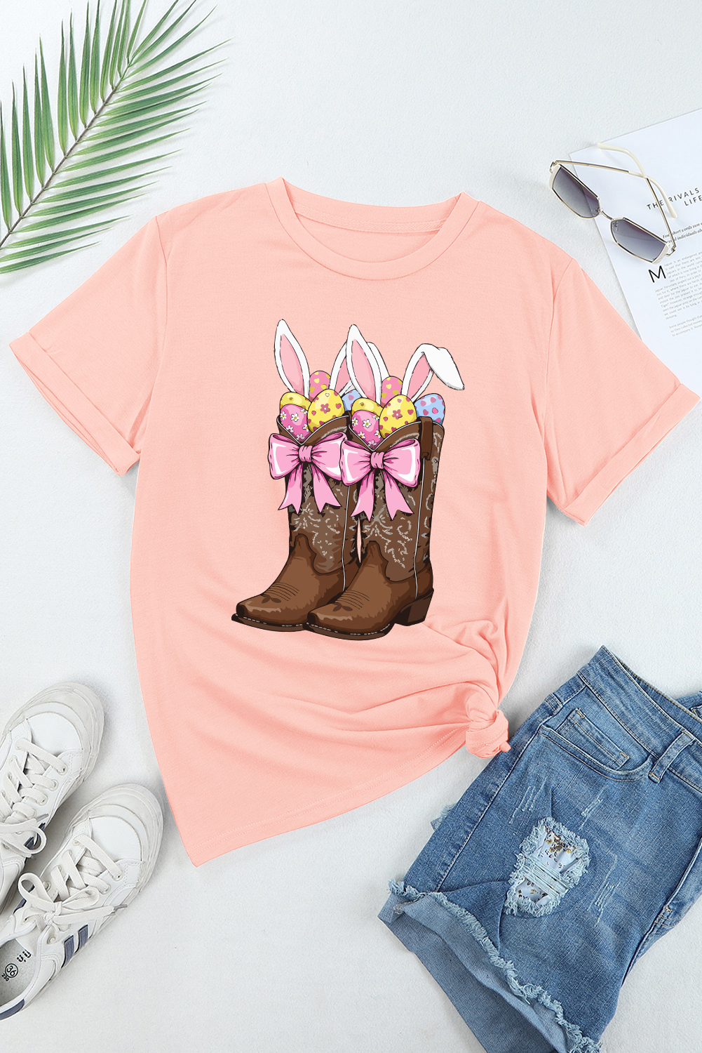 Pink Easter Eggs Bunny Ear Bow Boots Printed Tee - loveforevers