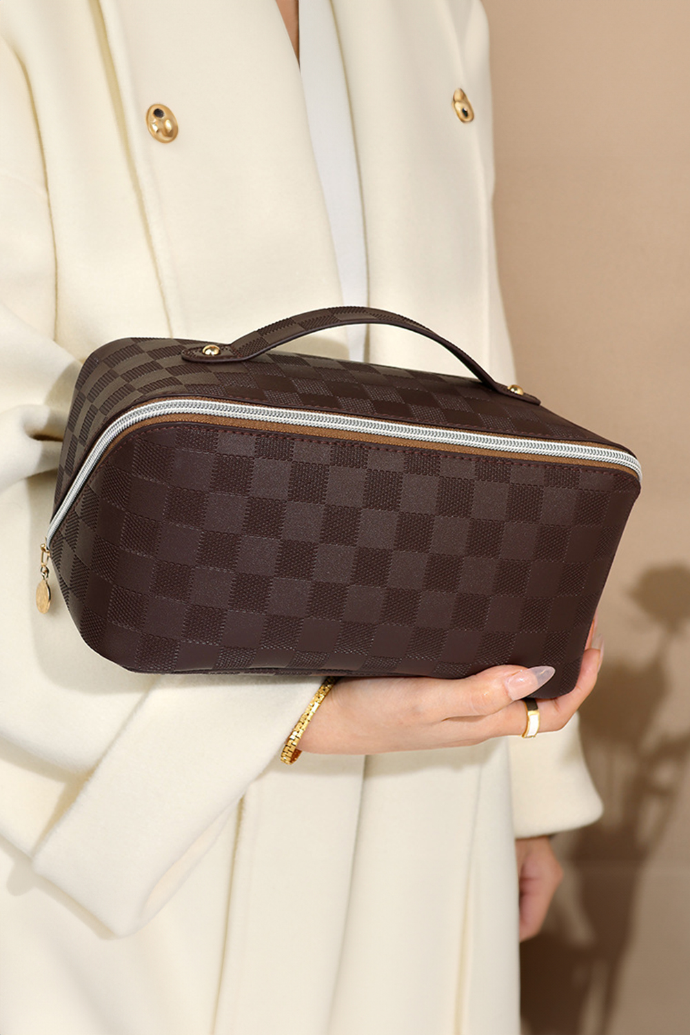 Chestnut Checkered Zipper Handle PU Leather Travel Makeup Bag - loveforevers