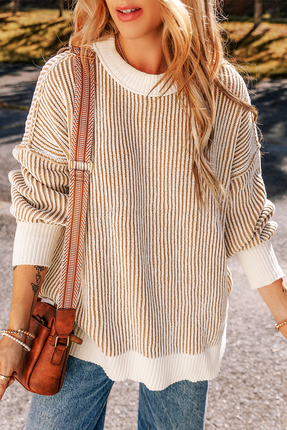 Bright Pink Striped Textured Knit Contrast Edge Loose Sweater - loveforevers