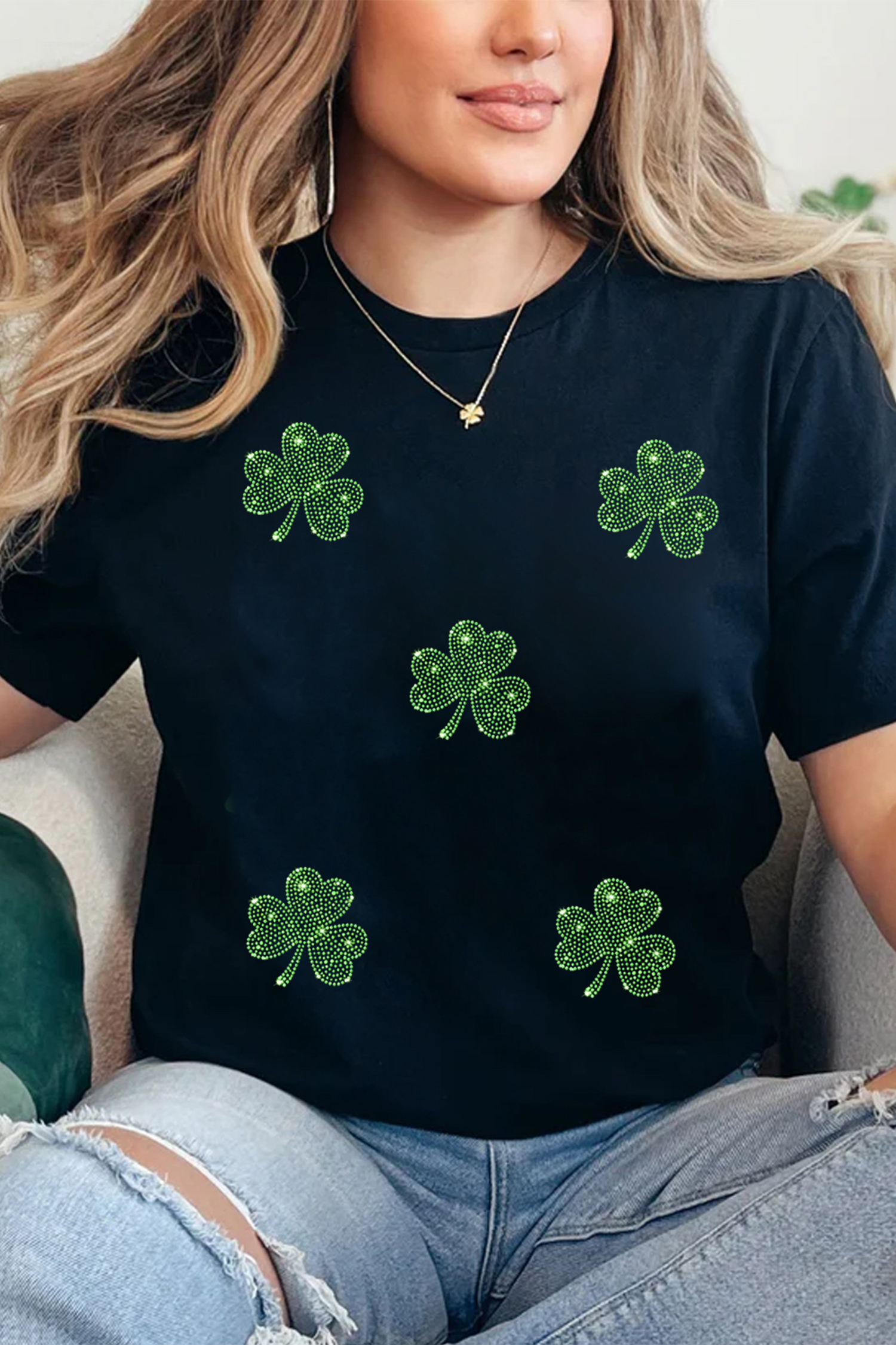 Black St Patricks Day Rhinestone Clover Round Neck Tee - loveforevers