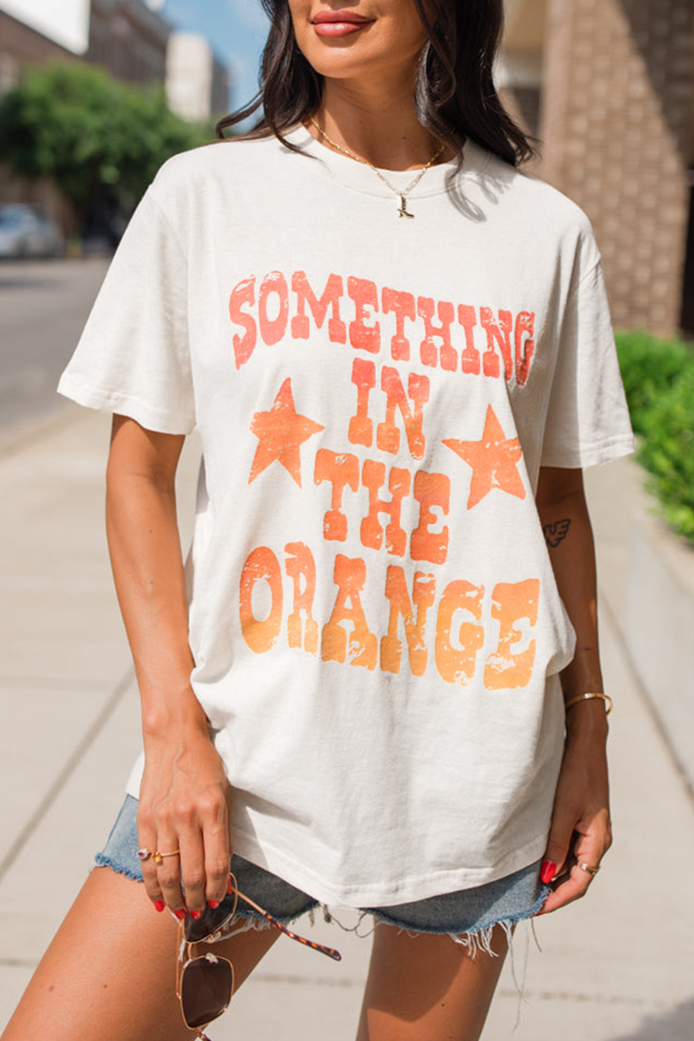 White SOMETHING IN THE ORANGE Graphic Crew Neck T Shirt - loveforevers