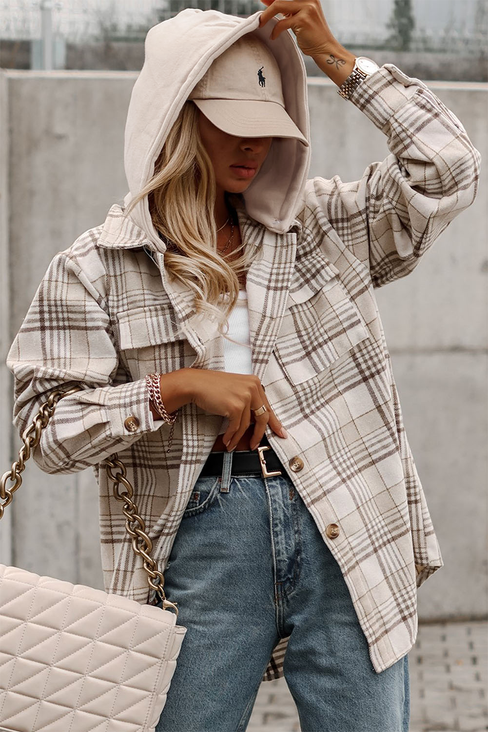 Khaki Plaid Removable Hood Buttoned Shacket - loveforevers