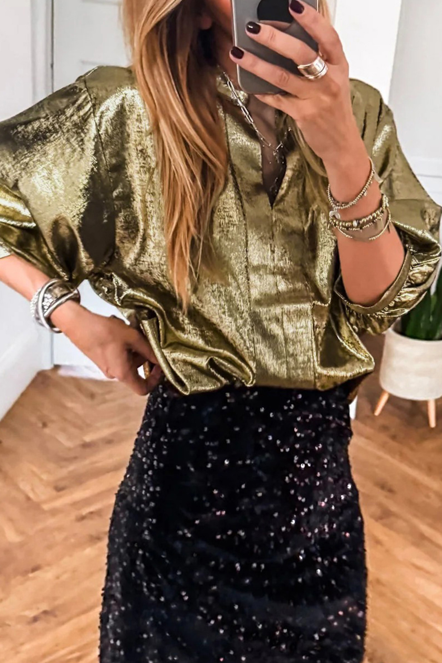 Apricot Metallic Round Neck Smocked Long Sleeve Blouse - loveforevers