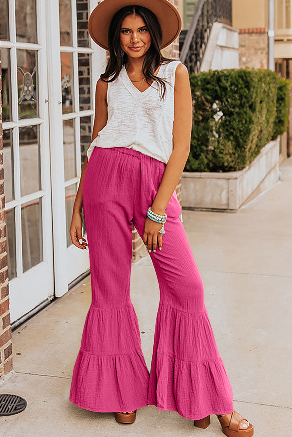 Rose Textured High Waist Ruffled Bell Bottom Pants - loveforevers