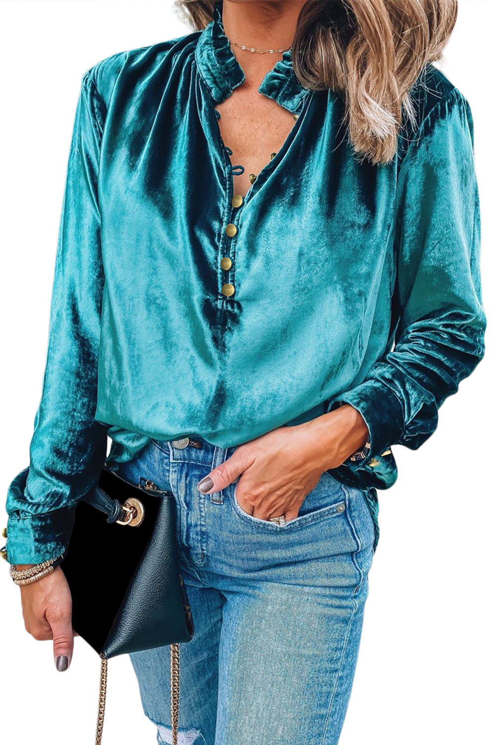 Burgundy Frilled Neck Buttoned Front Velvet Top - loveforevers