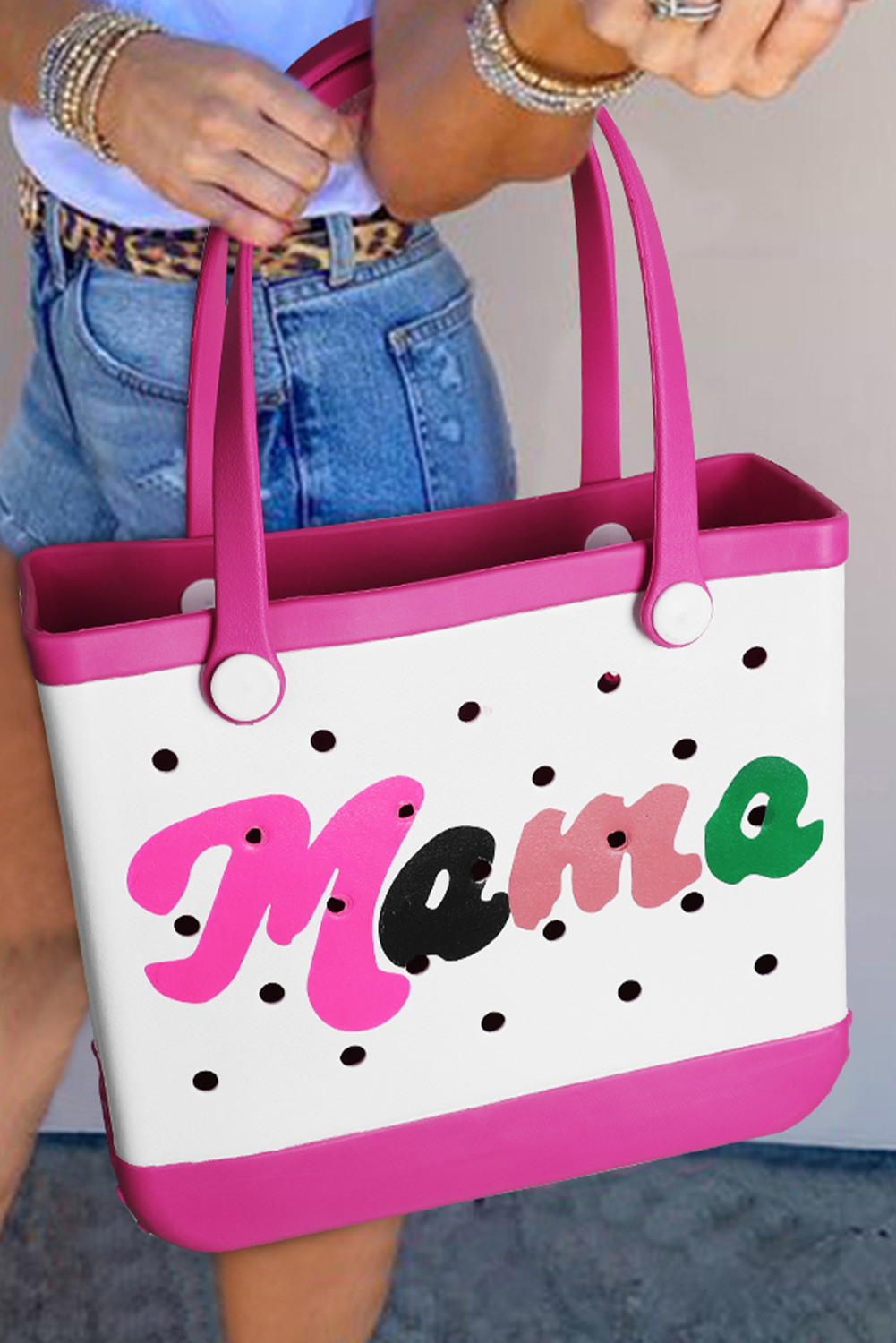 Rose Red mama Print Self-assembly Straps Hollowed EVA Beach Bag - loveforevers