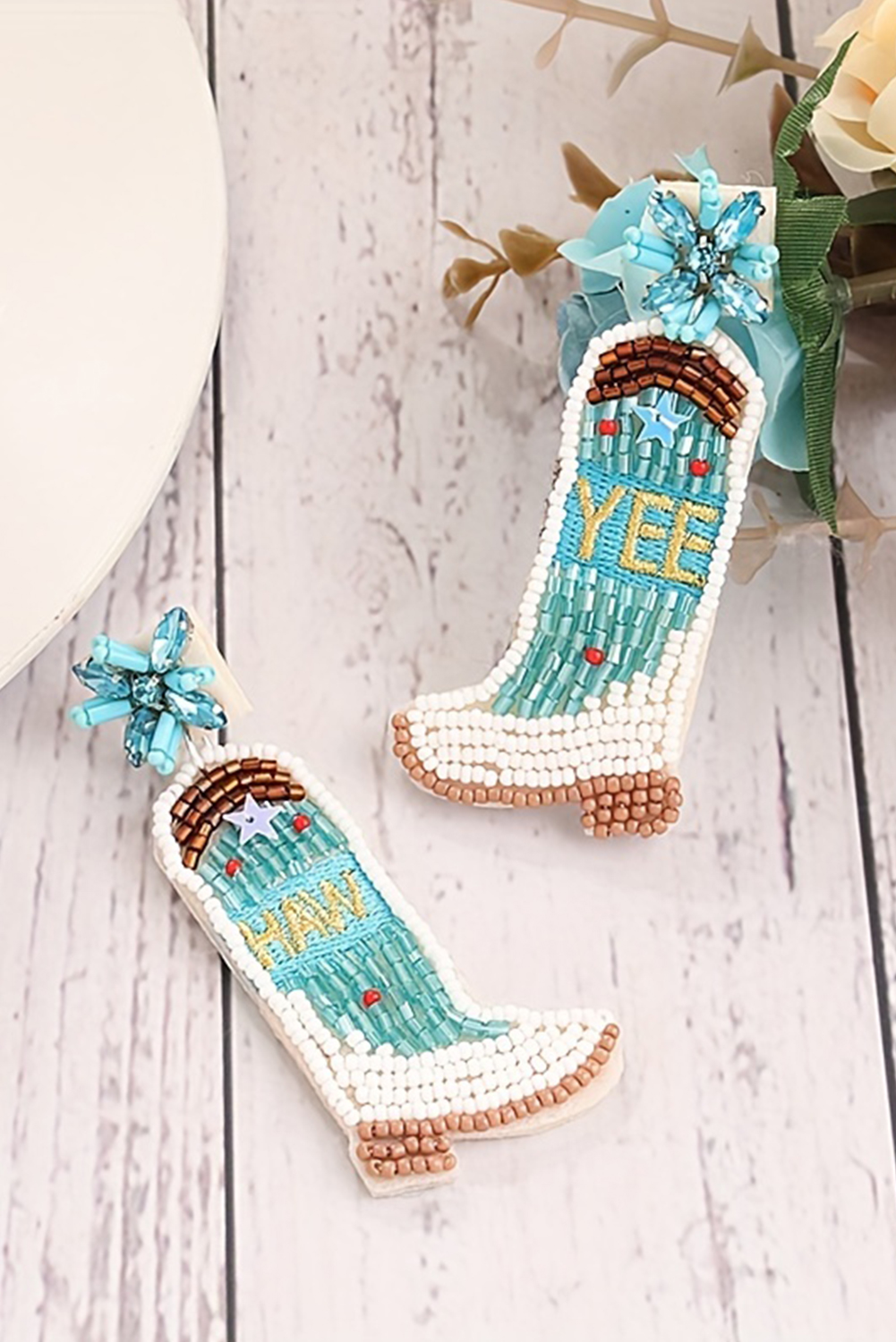 Light Blue Cowboy Boots Rice Bead Dangle Earrings - loveforevers