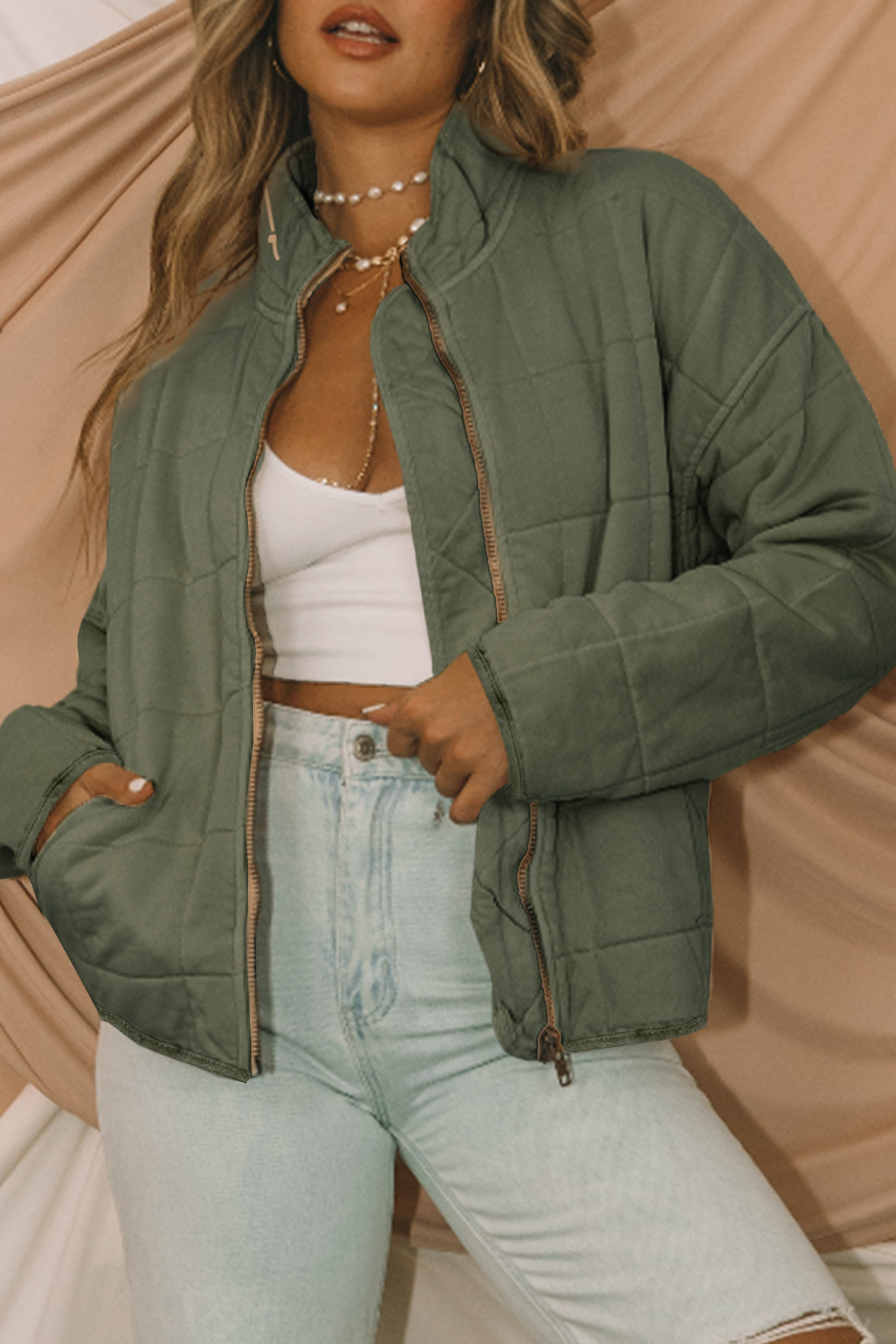Khaki Zip-Up Pocket Quilted Jacket - loveforevers