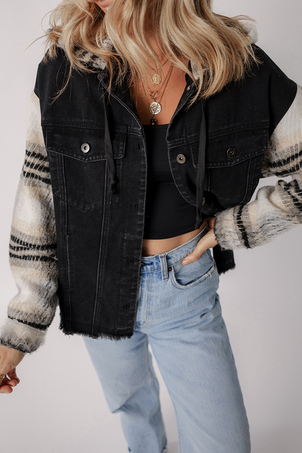 Black Plaid Sleeve Frayed Hem Hooded Denim Jacket - loveforevers