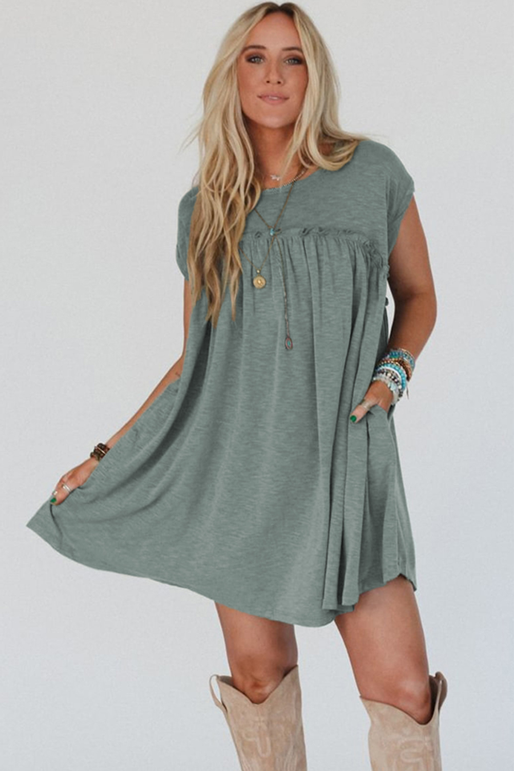 Mist Green Frilled Gathered Seam Round Neck T Shirt Dress - loveforevers