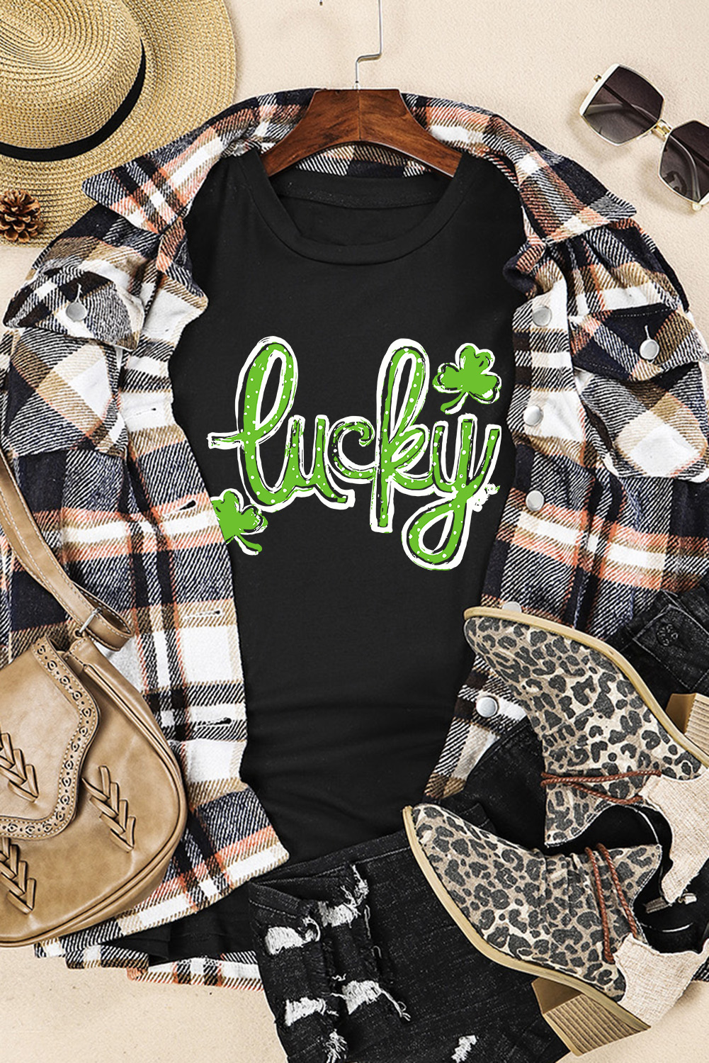 Black St. Patricks Lucky Clover Print O Neck T Shirt - loveforevers