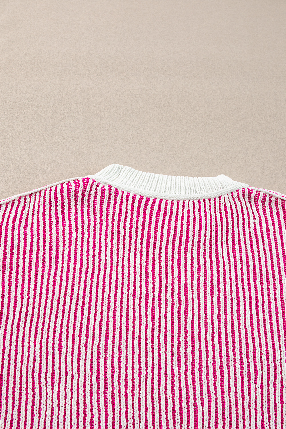 Bright Pink Striped Textured Knit Contrast Edge Loose Sweater - loveforevers