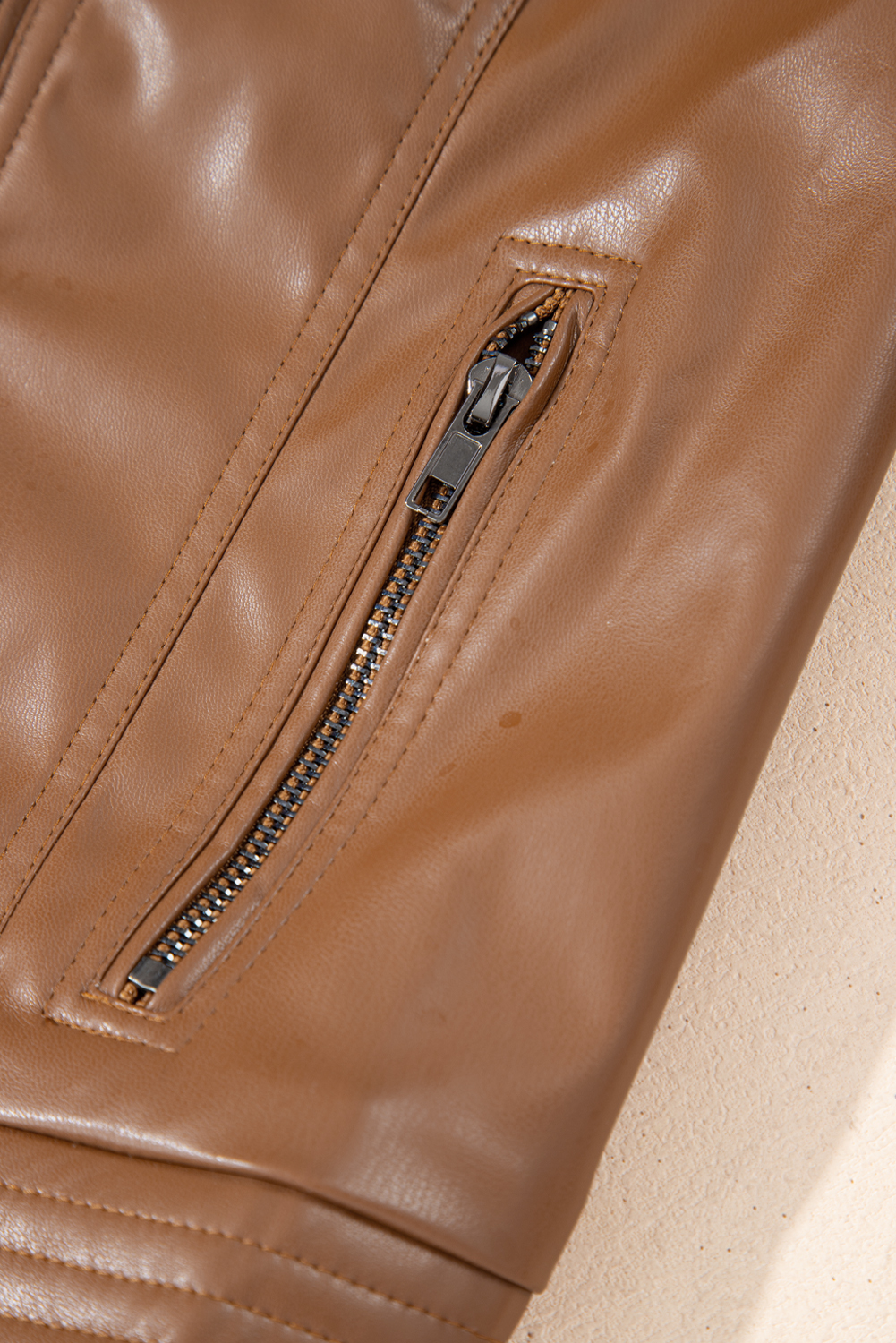 Chestnut Solid Faux Leather Zipper Slim Fit Bomber Jacket - loveforevers