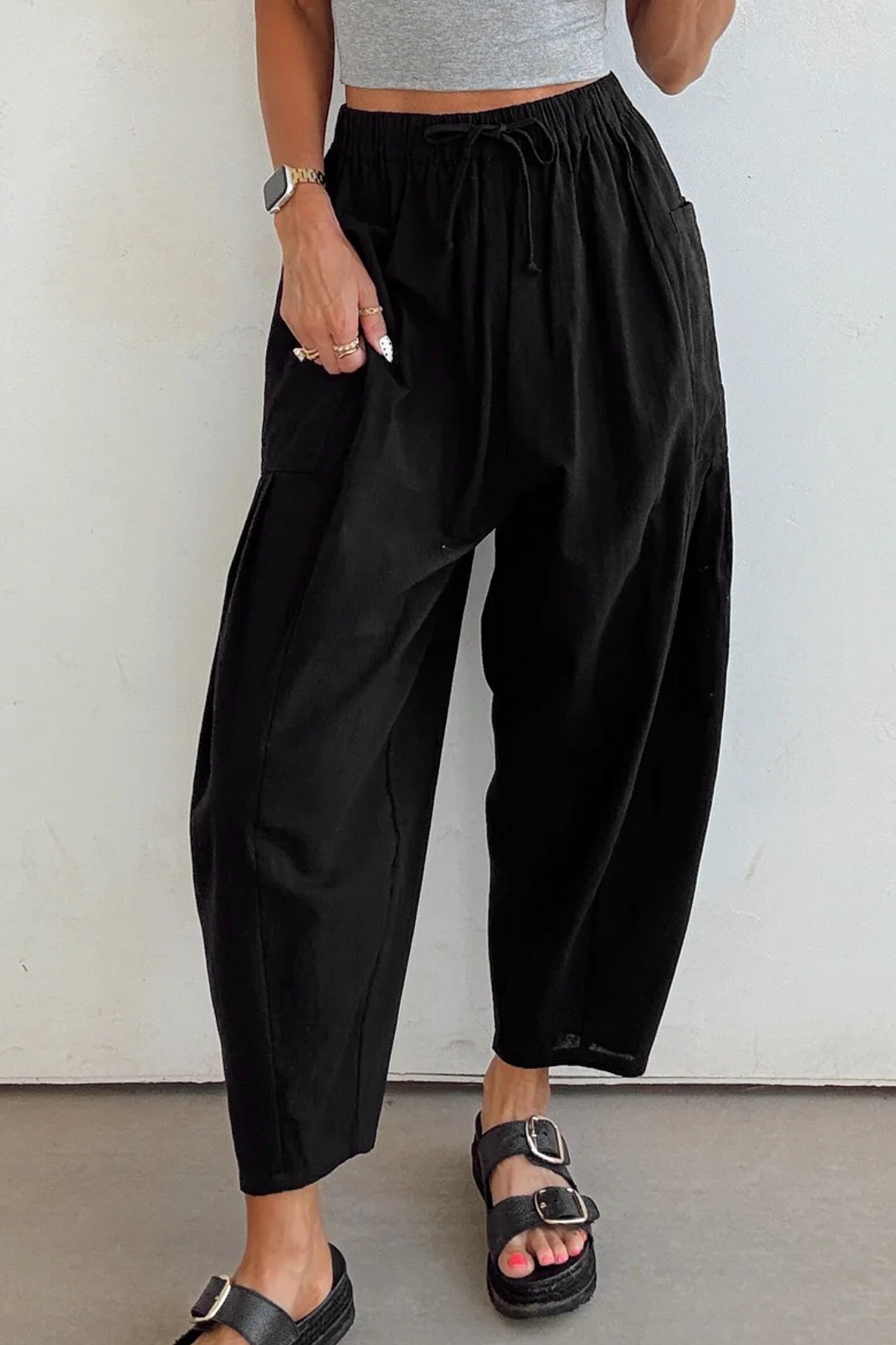 Black Drawstring Elastic Waist Patch Pocket Barrel Leg Casual Pants - loveforevers