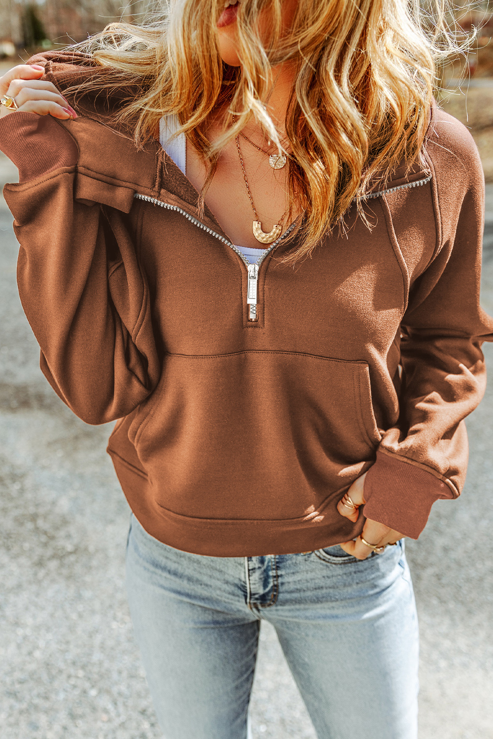 Brown Quarter Zip Kangaroo Pocket Hoodie - loveforevers