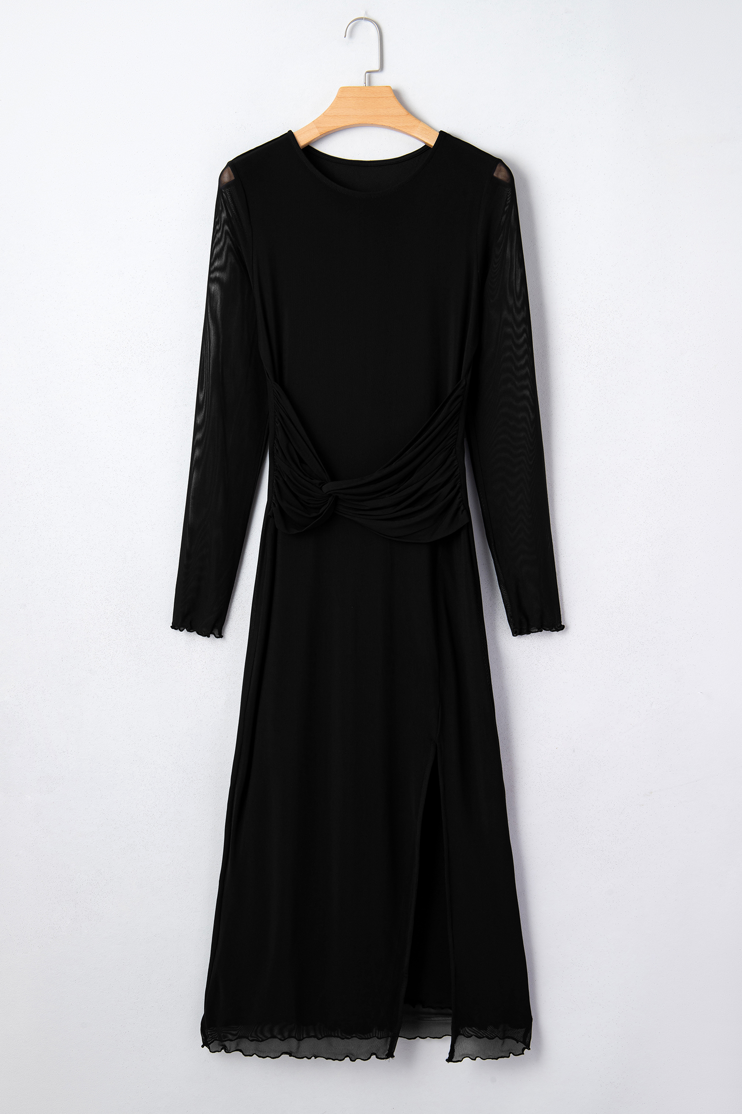 Black Sheer Mesh Long Sleeve Twisted Knot Side Slit Midi Dress - loveforevers