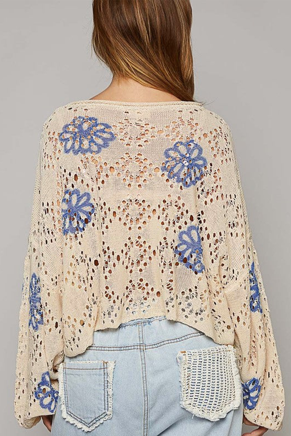 Beige Contrast Flower Print Eyelet Drop Shoulder Sweater - loveforevers