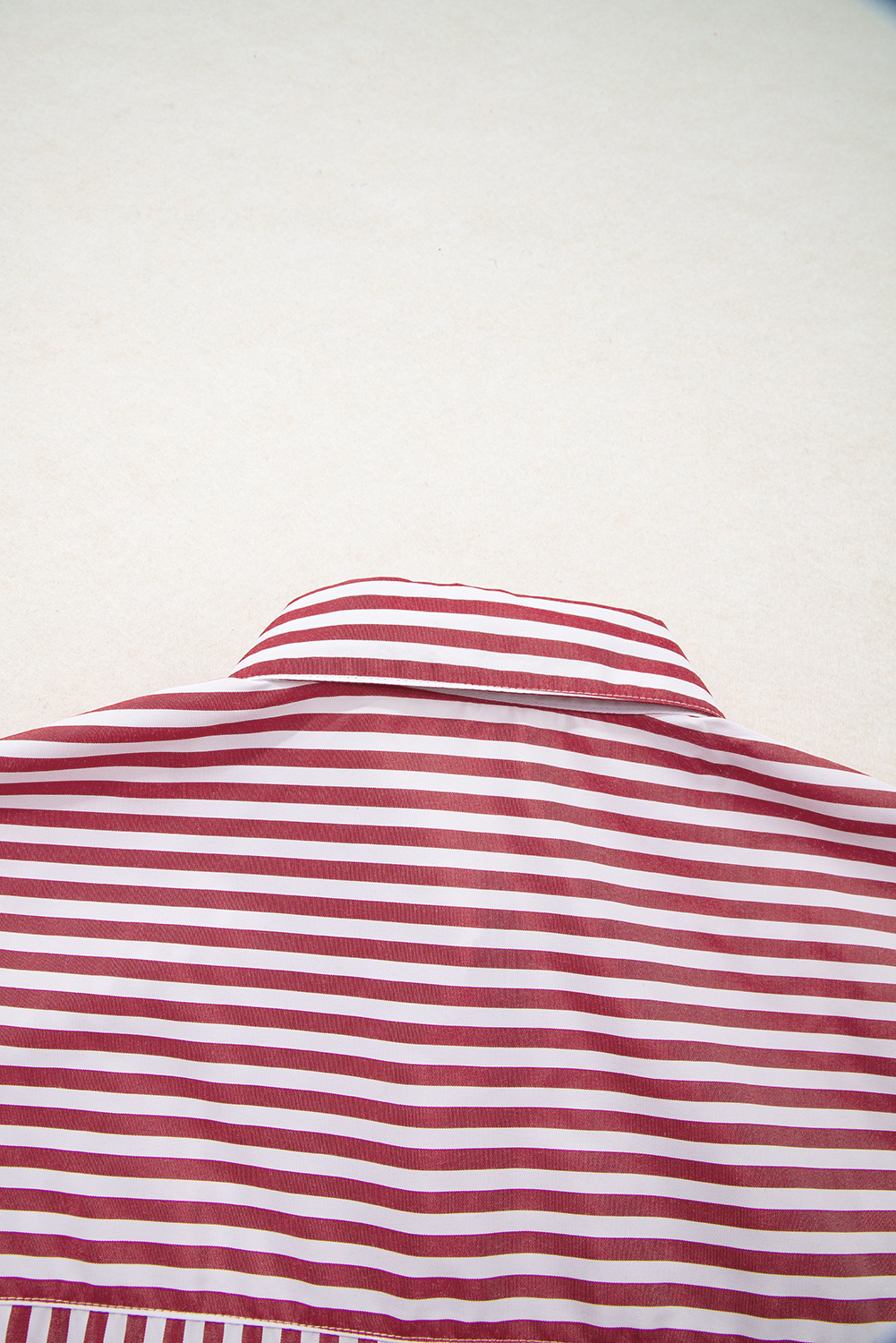 Red Stripe Patched Pocket Side Slit Loose Shirt - loveforevers