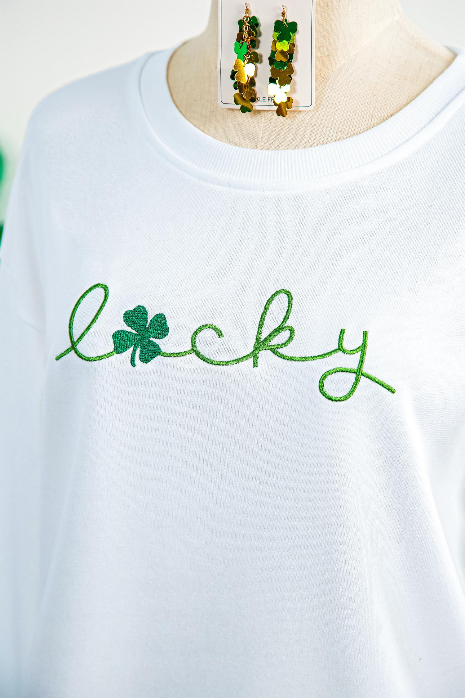 White LUCKY Clover Embroidered Long Sleeve Top - loveforevers