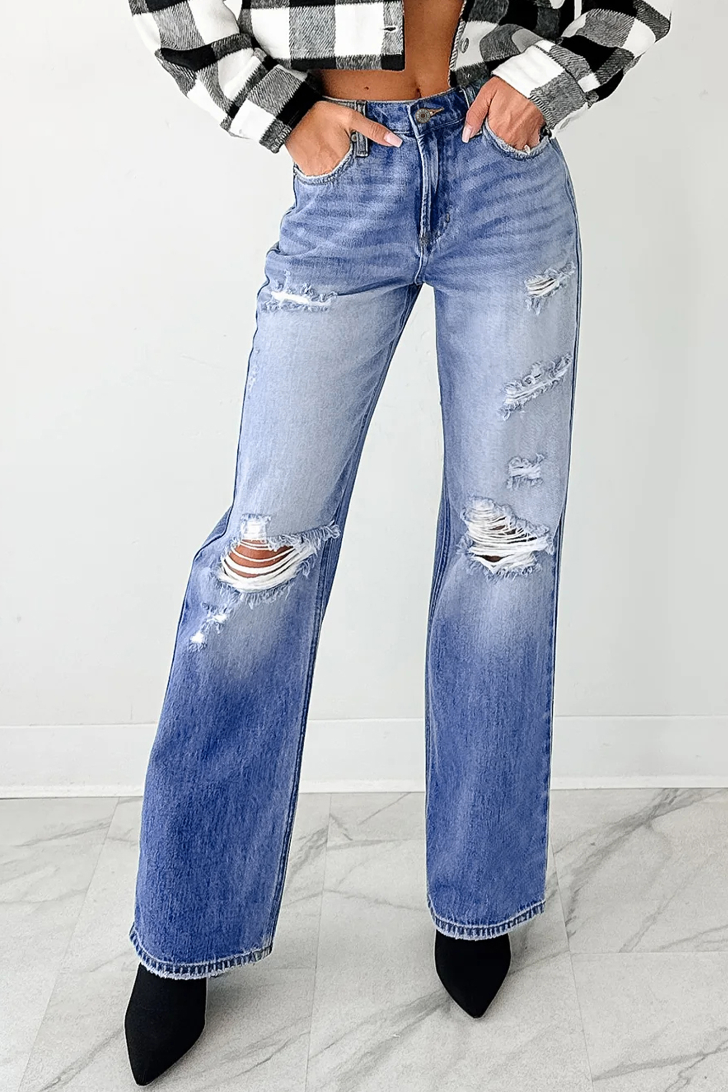 Myosotis Mid Rise Distressed Sneak Peek Straight Leg Jeans - loveforevers