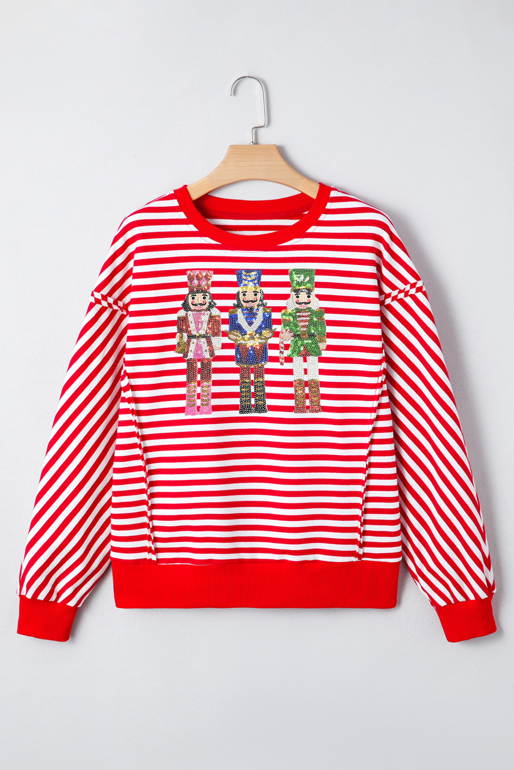 Red Stripe Christmas Nutcracker Sequin Patched Drop Shoulder Top - loveforevers