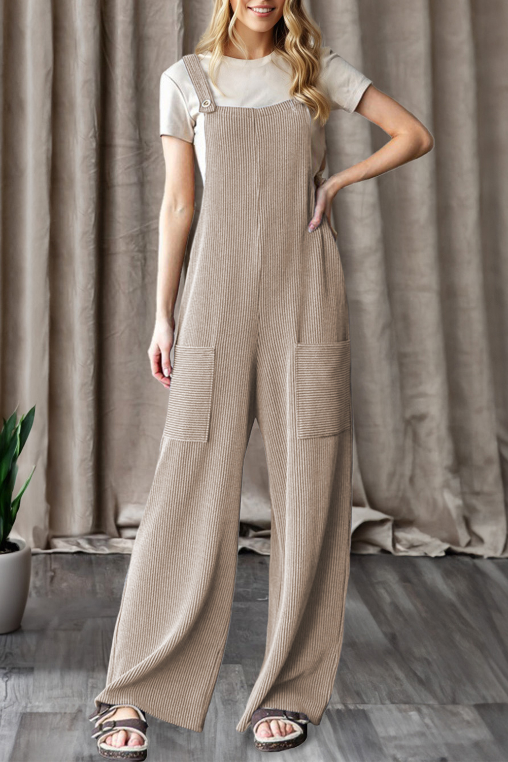 Dark Grey Ribbed Knit Patched Pocket Wide Leg Overalls - loveforevers