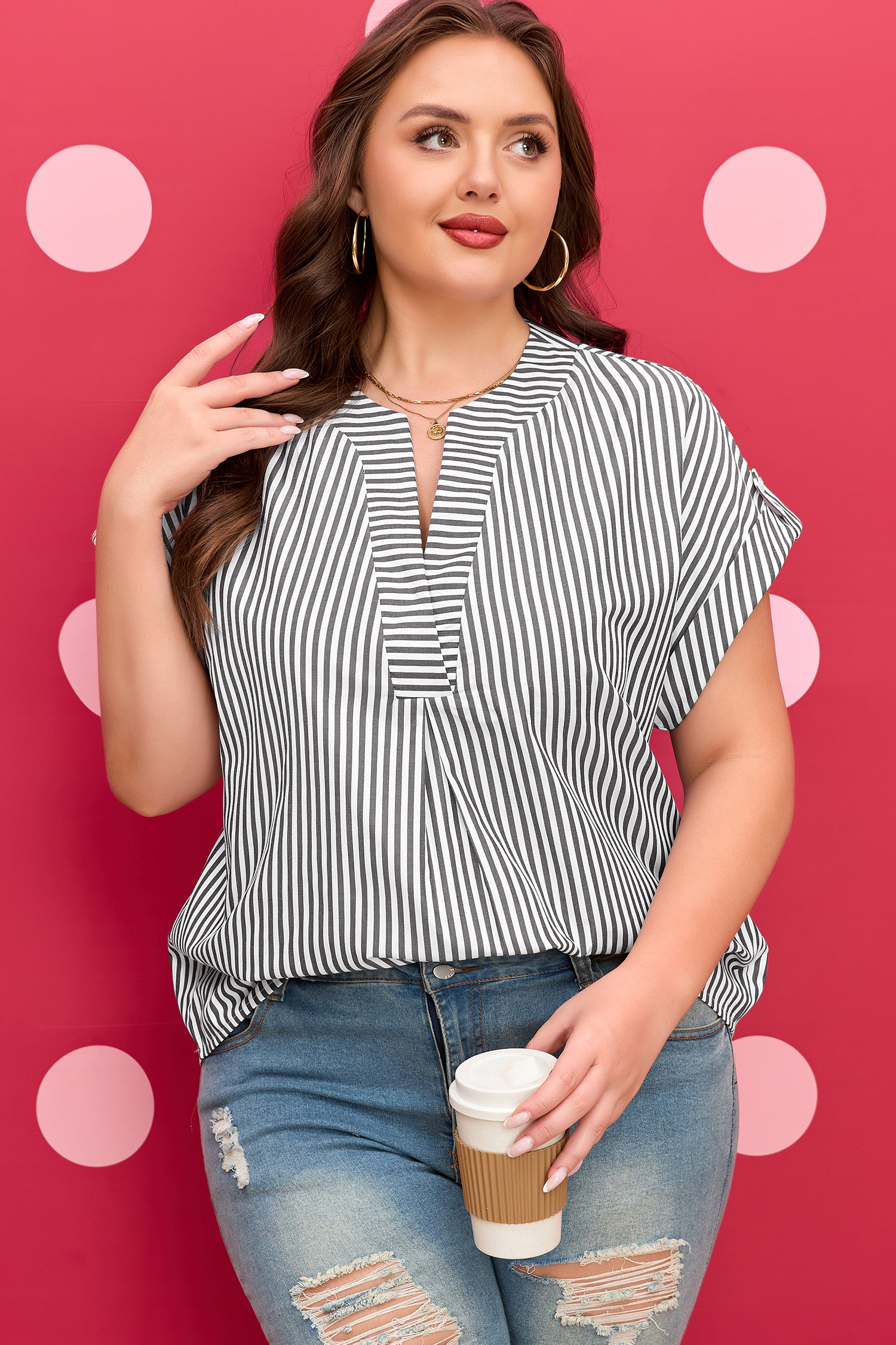 Black Stripe Plus Size V Neck Roll-tab Short Dolman Sleeve Blouse - loveforevers
