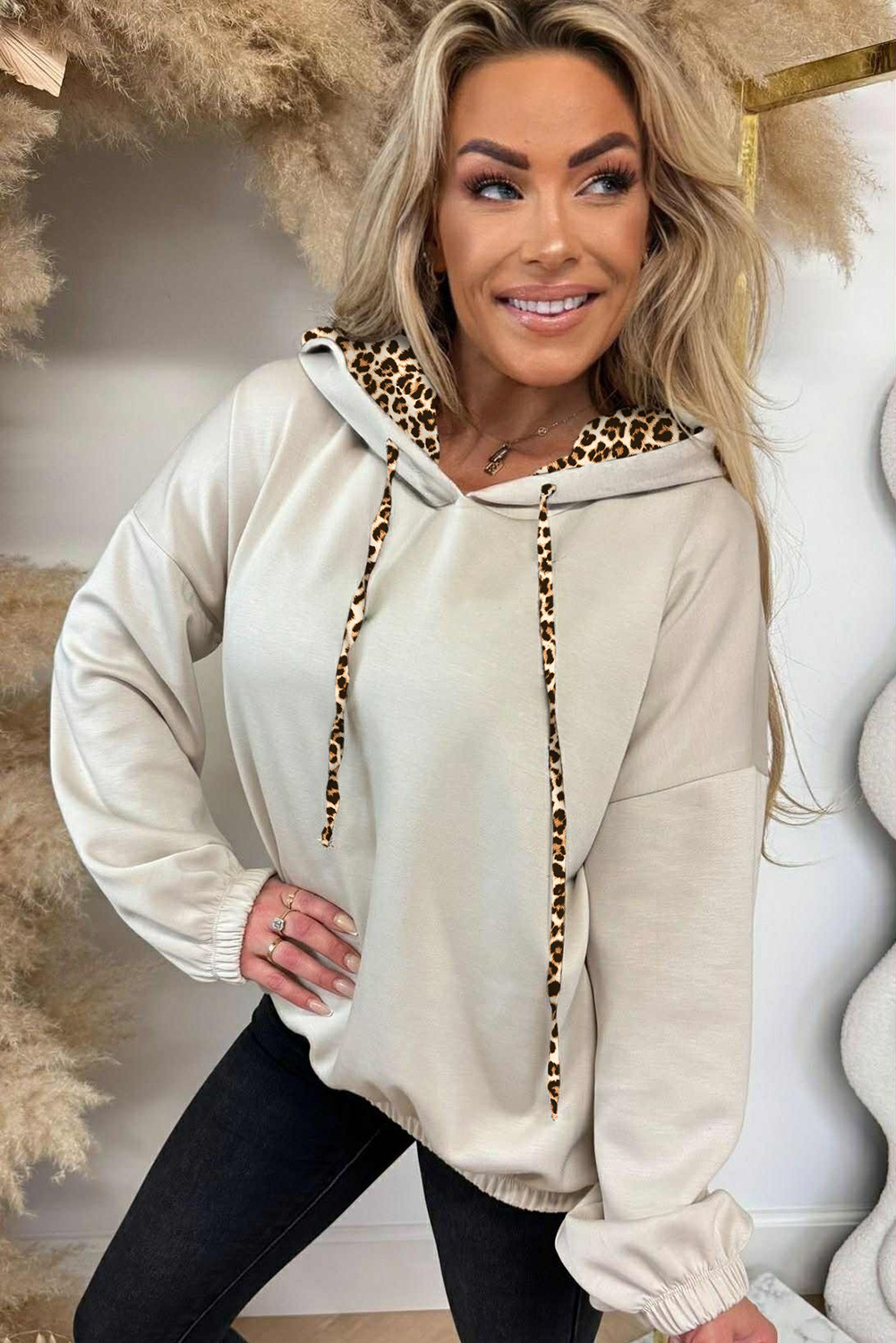 Jet Stream Leopard Contrast Drawstring Hood Drop Shoulder Loose Top - loveforevers