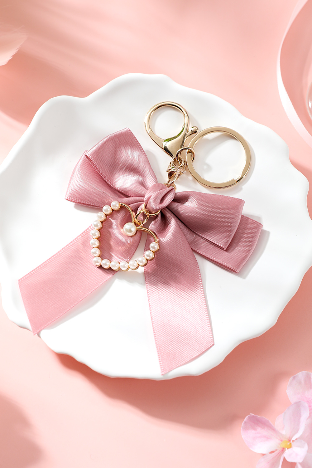 Pink Pearl Heart Large Bow Knot Keychain - loveforevers