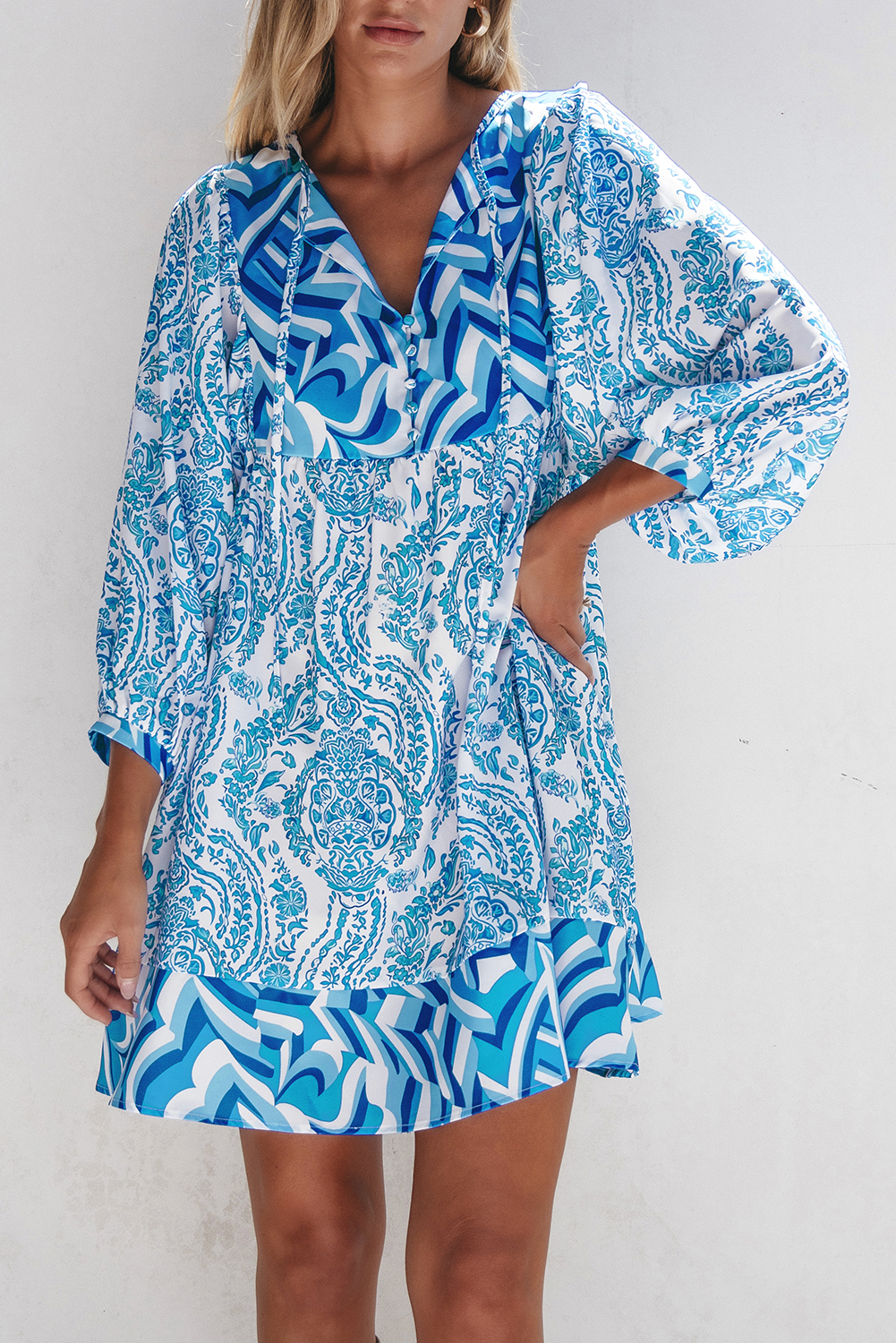 Sky Blue Bohemian Print Puff Sleeve Tied V Neck Flared Mini Dress - loveforevers