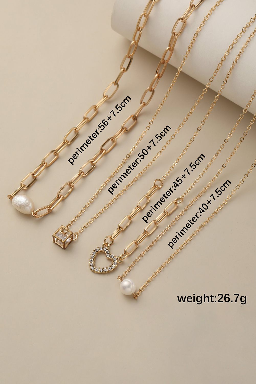 Gold 4pcs Pearl Cube Heart Pendant Plated Necklace Set - loveforevers