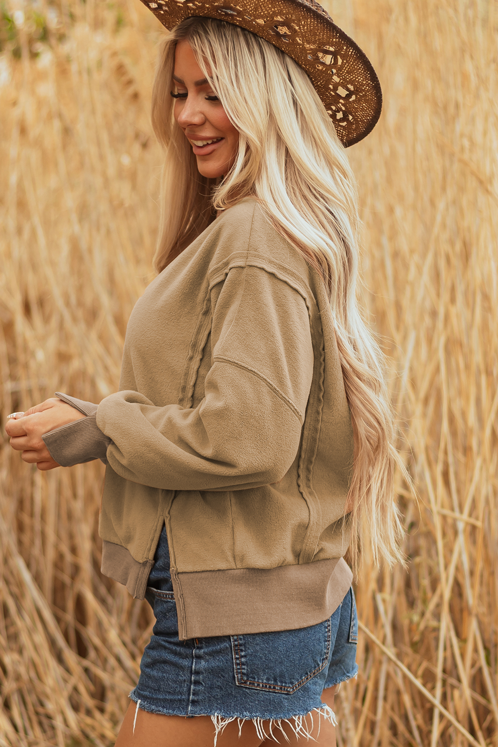 Dark Khaki Fuzzy Sherpa Splicing Pullover Sweatshirt with Side Slit - loveforevers