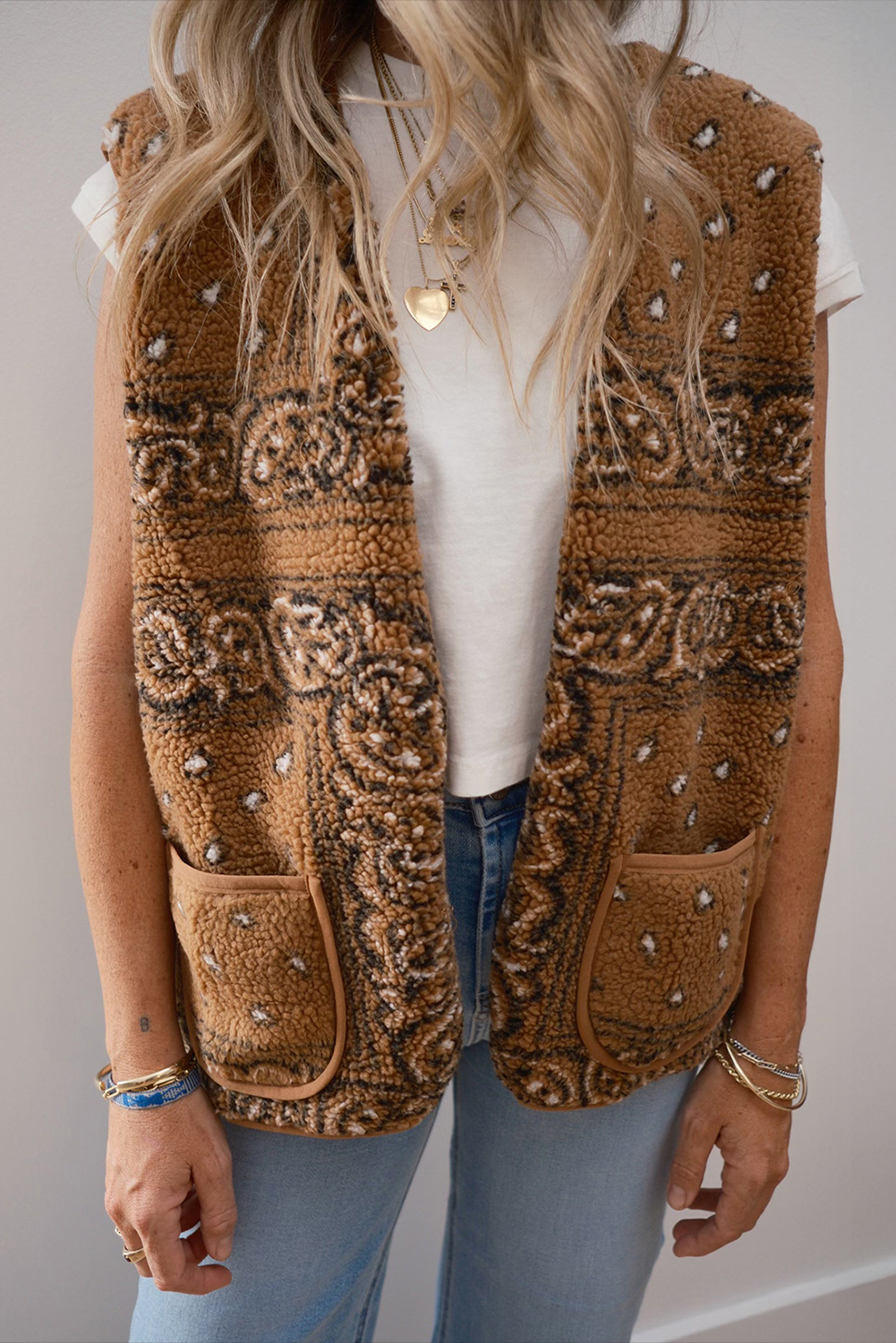 Brown Sherpa Paisley Print Pocketed Western Fashion Vest Jacket - loveforevers