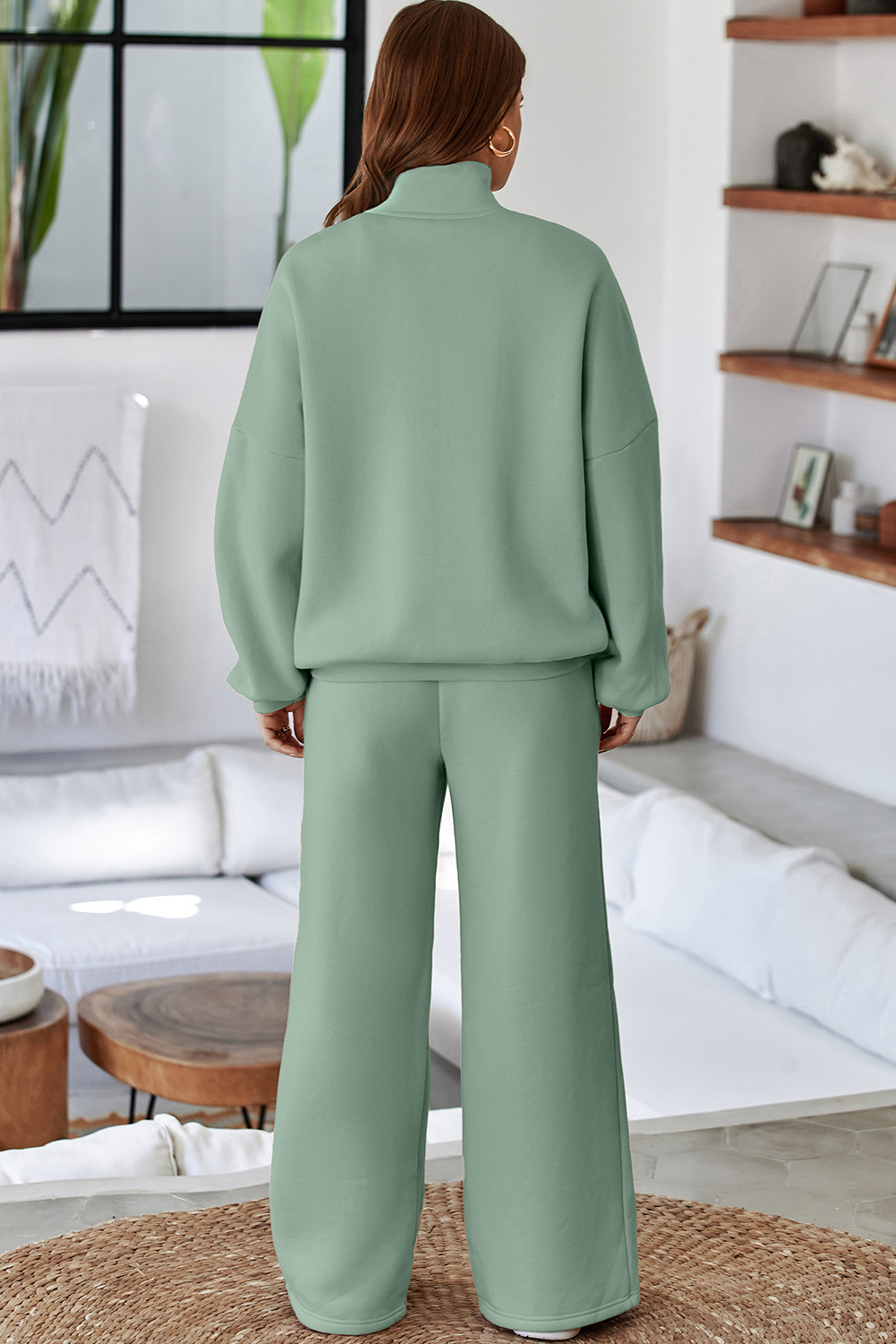 Navy Blue Drop Shoulder Zip Up Jacket Drawstring Pants Active 2pcs Set - loveforevers