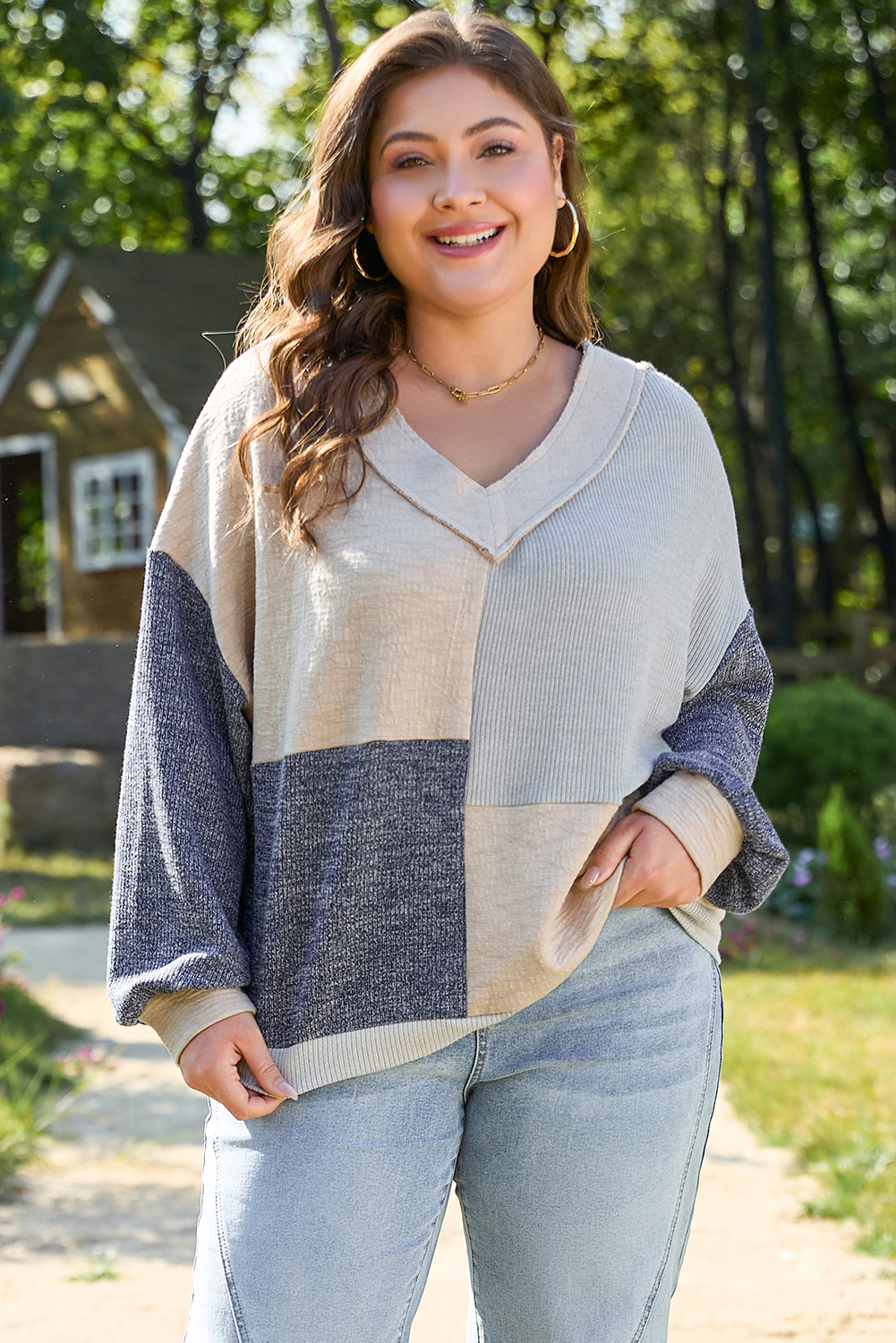 Ashleigh Blue Plus Size Textured Colorblock Patchwork V Neck Top - loveforevers