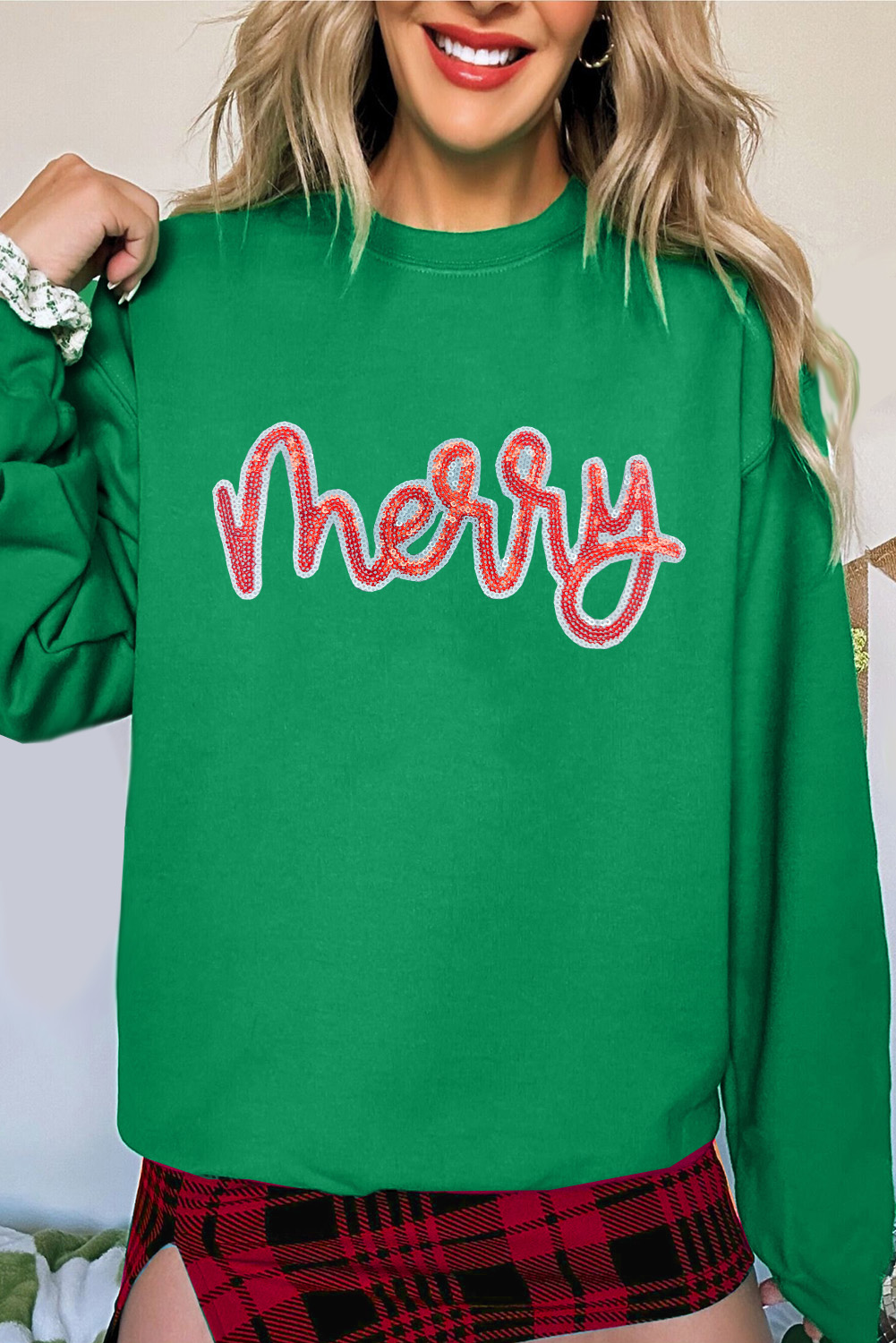 Dark Green merry Sequin Letter Patched Drop Shoulder Baggy Sweatshirt - loveforevers